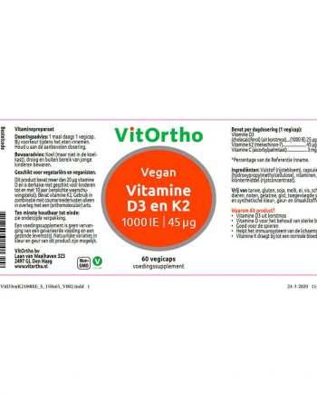 VitOrtho Vitamine D3 1000 IE + K2 45 µg Vegan (60 caps)